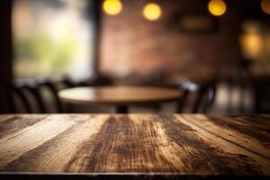 Wooden table in front of abstract blurred coffee shop background. photo