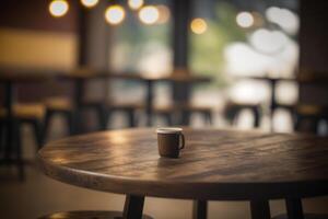 Wooden table in front of abstract blurred coffee shop background. photo