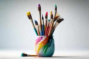 Colorful Paint Brushes with isolated white background and copy space. photo