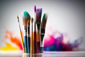 Colorful Paint Brushes with isolated white background and copy space. photo