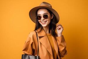 happy young woman in yellow coat holding shopping bags isolated on yellow background photo