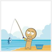 A cartoon of a man fishing on the beach with a fish on the bottom. vector