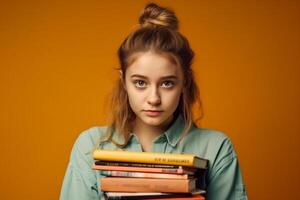 ai generativo retrato de un joven hermosa estudiante niña con libros en sólido antecedentes. foto