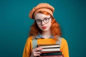 ai generativo retrato de un joven hermosa estudiante niña con libros en sólido antecedentes. foto