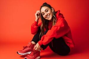 Portrait of a smiling young woman in sportswear sitting isolated over red background, tying shoelaces photo