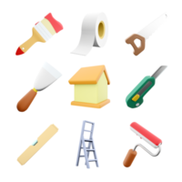 3d rendering brush, adhesive tape, hand saw, spatula, house, stationery knife, level, construction ladder, roller brush icon set. 3d render construction concept icon set. png