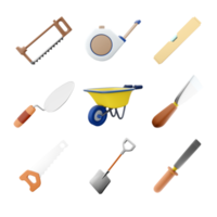 3d rendering hacksaw, measuring tape, level, cement trowel, wheelbarrow, spatula, hand saw, shovel, chisel icon set. 3d render construction concept icon set. png