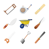 3d rendering hacksaw, measuring tape, level, cement trowel, wheelbarrow, spatula, hand saw, shovel, chisel icon set. 3d render construction concept icon set. png