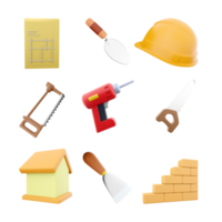 3d rendering blueprint house plan, helmet, cement trowel, hacksaw, electric screwdriver, hand saw, house, spatula, brick stair icon set. 3d render construction concept icon set. png