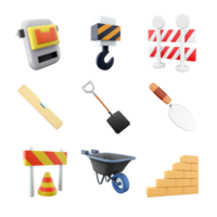 3d rendering welding mask, tower crane, warning berrier, level, shovel, cement trowel, traffic cone and barrier, wheelbarrow, brick stair icon set. 3d render construction concept icon set. png