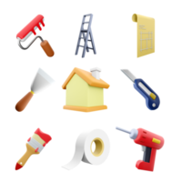 3d rendering roller brush, construction ladder, blueprint house plan, spatula, house, stationery knife, brush, adhesive tape, electric screwdriver icon set. 3d render construction concept icon set. png