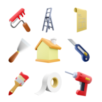 3d renderen rol borstel, bouw ladder, blauwdruk huis plan, spatel, huis, schrijfbehoeften mes, borstel, Zelfklevend plakband, elektrisch schroevedraaier icoon set. 3d geven bouw concept icoon set. png