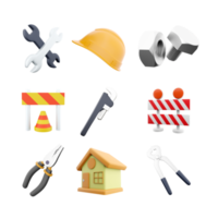 3d rendering two wrenchs, helmet, bolt and nut, traffic cone and barrier, straight pipe wrench, warning barrier, pliers, house, construction tongs icon set. 3d render construction concept icon set. png