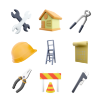 3d rendering two wrenchs, house, construction tongs, yellow helmet, ladder, house plan, pliers, traffic cone and barrier, straight pipe wrench icon set. 3d render contruction concept icon set. png