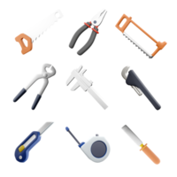 3d rendering hand saw, pliers, hacksaw, construction tongs, calipers, straight pipe wrench, stationery knife, measuring tape, chisel icon set. 3d render construction concept icon set. png