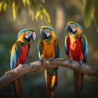 Three Colorful macaws perched on a tree photo