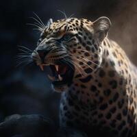leopardo rugido cerca arriba generativo ai foto