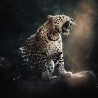 Scary image of leopard roaring on the rock image photo