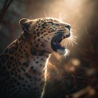 leopardo rugido cerca arriba en el bosque imagen generativo ai foto