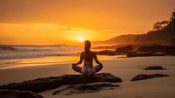 imagen de yoga actitud en playa y puesta de sol ver generativo ai foto