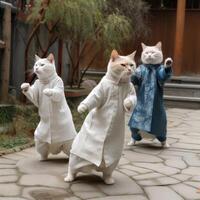 Three cats wearing human tunics playing Tai Chi photo