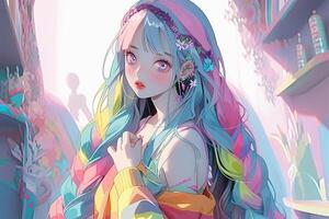 A 3D anime-style girl theme with rainbow colored image generative AI photo