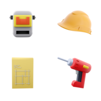 3d renderen bouw helm, lassen masker, elektrisch schroevendraaier, blauwdruk huis plan tekening icoon set. 3d geven bouw concept icoon set. png