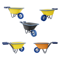 3d rendering wheelbarrow with blue handles icon set. 3d render Handcart in the form of a box on one wheel different positions icon set. png