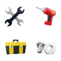 3d rendering nuts and bolts, tool box, electric screwdriver, two wrenches icon set. 3d render construction concept icon set. png