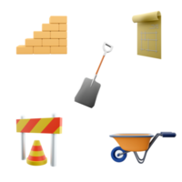 3d rednering shovel, brick stair, wheelbarrow, house plan drawing, warning barrier icon set. 3d render construction concept icon set. png