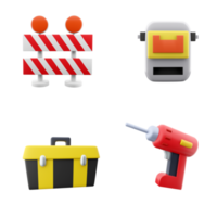 3d rendering warning barrier, tool box, electric screwdriver, welding mask icon set. 3d render construction concept icon set. png