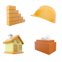 3d rendering orange construction helmet, house, circular saw with steel toothed disc, brick stair icon set. 3d render construction concept icon set. png