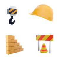 3d representación torre grua, ladrillo escalera, construcción casco, la carretera barreras icono colocar. 3d hacer construcción concepto icono colocar. png
