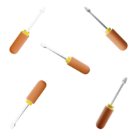 3d tolkning orange skruvmejsel ikon uppsättning. 3d framställa verktyg för skruvning och skruva ur skruvar annorlunda positioner ikon uppsättning. png