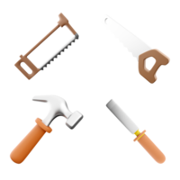 3d representación cincel mano herramienta, sierra, mano sierra, martillo icono colocar. 3d hacer construcción concepto icono colocar. png