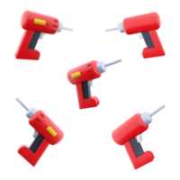 3d Rendern rot elektrisch Schraubendreher Symbol Satz. 3d machen Handheld Leistung Werkzeug mit einstellbar Drehmoment und Tiefe von Schrauben, entworfen zum Schrauben und abschrauben anders Positionen Symbol Satz. png