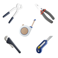 3d rendering pliers, straight pipe wrench, construction tongs, measuring tape, stationery knife with a blade icon set. 3d render construction concept icon set. png