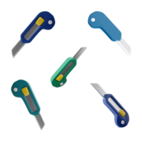3d rendering stationery knife with a blade icon set. 3d render a specialized knife designed primarily for cutting paper or cardboard different positions icon set. png