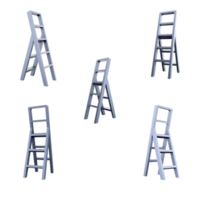 3d Rendern Konstruktion Leiter Symbol Satz. 3d machen praktisch Ausrüstung bestehend aus von mehrere Abschnitte verbunden durch aufklappbar Mechanismen mit Schlösser anders Positionen Symbol Satz. png