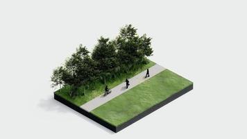 environment isometric park nature. isometric environmental sustainable landscape forest with people rest, 3d render animation. environment with tree, grass leaf, river, footpath on white isolated. video