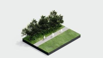 environment isometric park nature. isometric environmental sustainable landscape forest with people rest, 3d render animation. environment with tree, grass leaf, river, footpath on white isolated. video