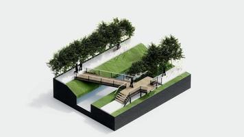 ambiente isométrica parque naturaleza. isométrica ambiental sostenible paisaje bosque con personas descansar, 3d hacer animación. ambiente con árbol, césped hoja, río, sendero en blanco aislado. video