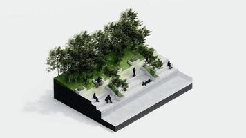 ambiente isométrica parque naturaleza. isométrica ambiental sostenible paisaje bosque con personas descansar, 3d hacer animación. ambiente con árbol, césped hoja, río, sendero en blanco aislado. video