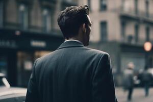 Back view of young businessman in suit looking away while walking on street photo