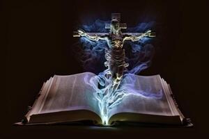 3d crucifijo en Biblia libro aura ligero. ai generado foto