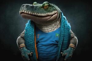 Alligator wears workout cloth. Love health and fitness concept. photo