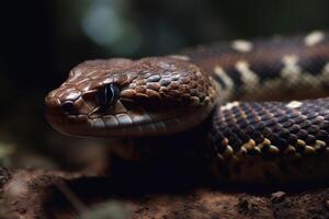 ai generativo de cerca de el cabeza de un serpiente en un oscuro antecedentes foto