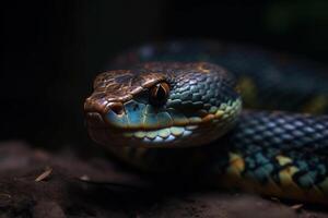 ai generativo de cerca de el cabeza de un serpiente en un oscuro antecedentes foto