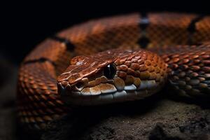 AI Generative Close-up of the head of a snake on a dark background photo