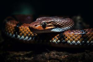 ai generativo de cerca de el cabeza de un serpiente en un oscuro antecedentes foto